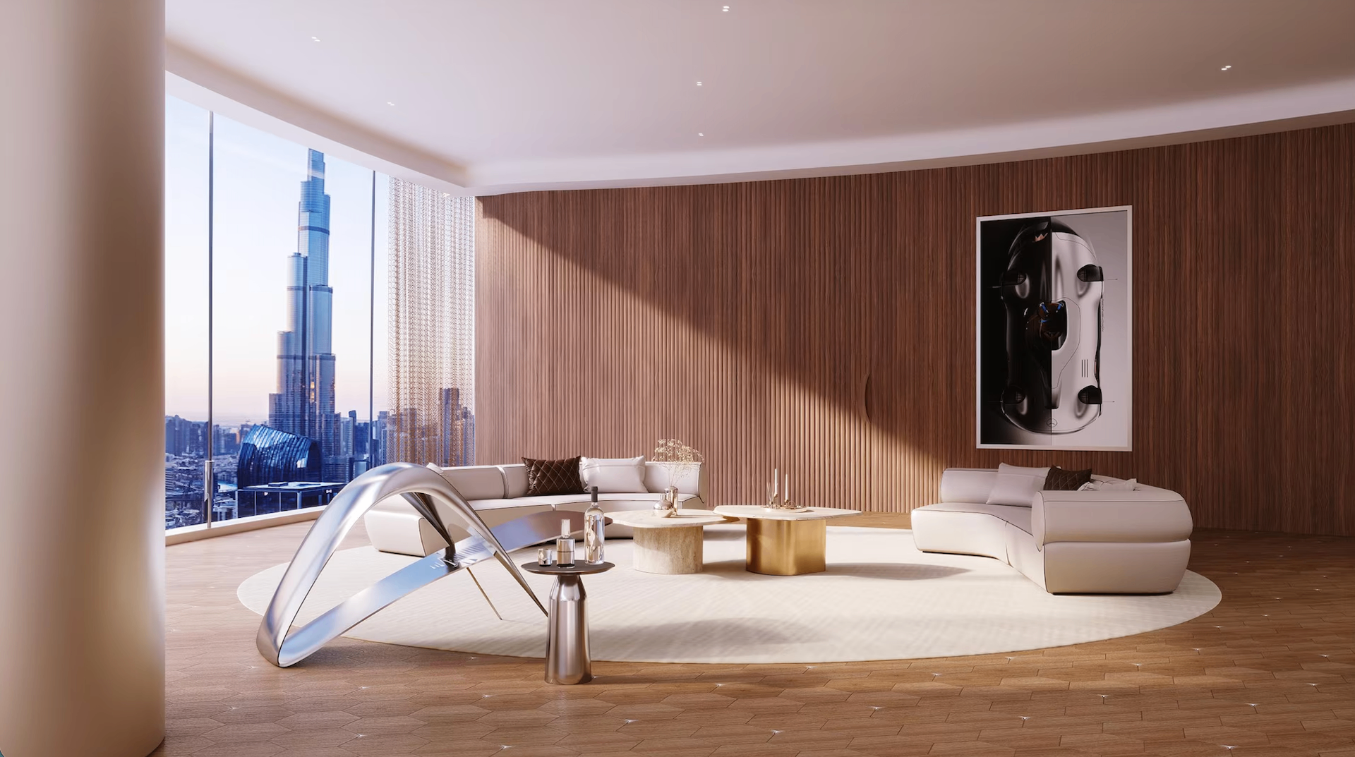 Mercedes-Benz Private Sky Residence — sculptural living room with floor-to-ceiling Burj Khalifa views, walnut panelling and Mercedes-Benz design language